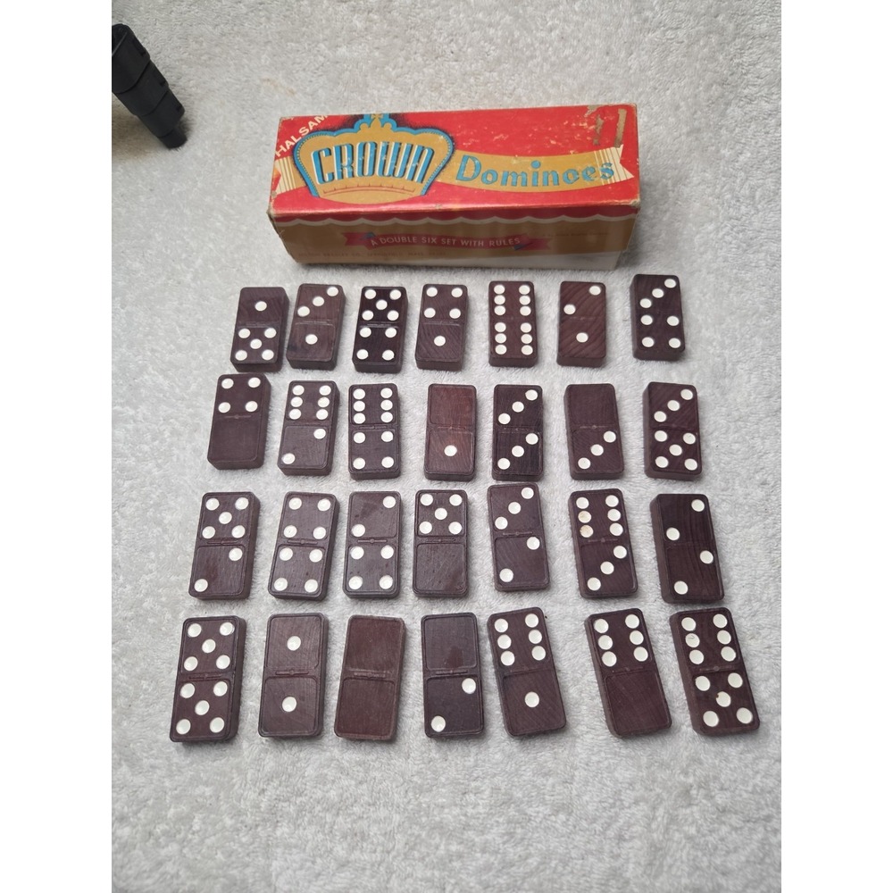 Vintage Halsam Crown Double Six Dominoes Set No. 220 Complete 28 Tiles W/ Box